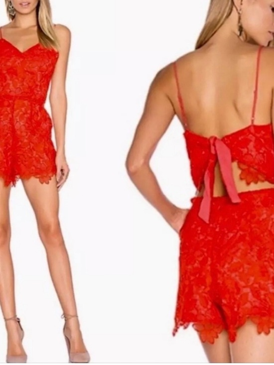 Lovers + Friends Dresses & Skirts - Lovers + Friends Red Lace Mini Romper with Back Tie
